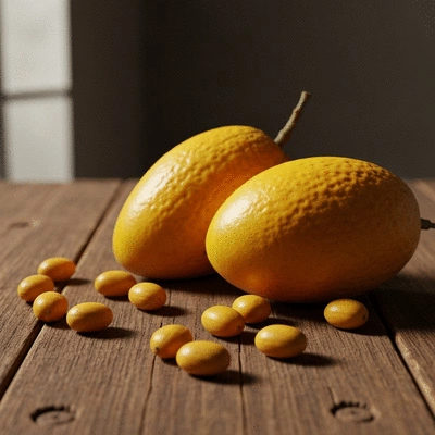 African mango fruit and seeds on a wooden table