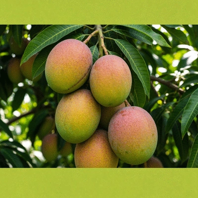 Fresh African mango fruits on a branch, lush green leaves, natural light, no text, no words, no typography