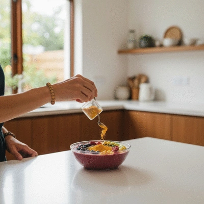 Woman adding African mango powder to a smoothie bowl
