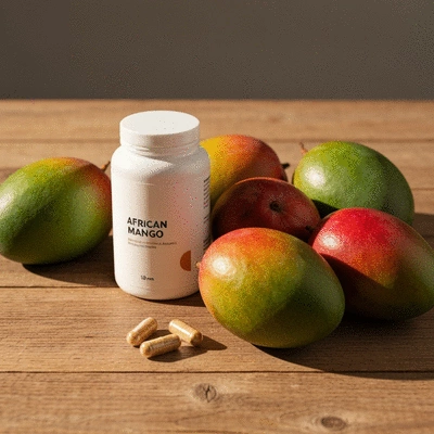 African Mango supplements and fresh mangoes on a wooden table, emphasizing natural nutrition
