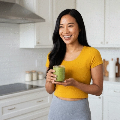 Woman enjoying a healthy green tea smoothie with African mango in a modern kitchen