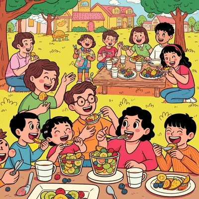 Diverse group of people enjoying after-chop fruit salad together