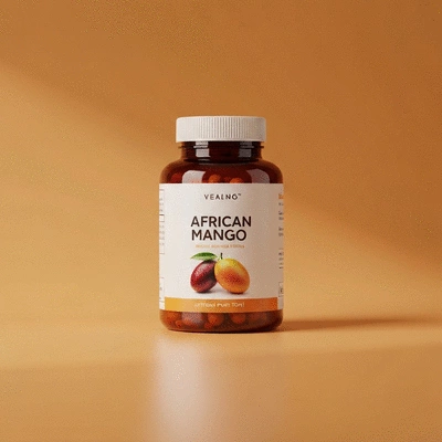 African Mango supplement bottle on a minimalist health-focused background, no text, no words, no typography, no labels, clean image