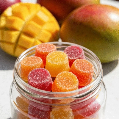 Close-up of colorful African mango gummies in a glass jar, with fresh African mango fruit in the background