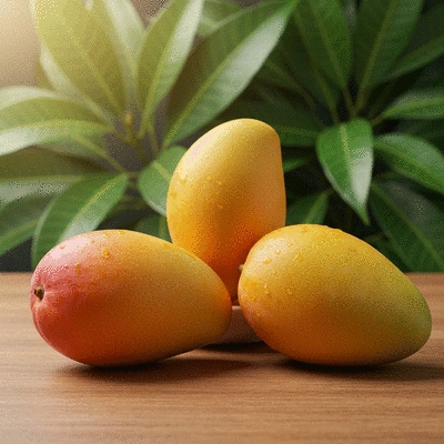 Fresh African mangoes on a wooden table with lush green leaves, natural light, no text, no words, no typography