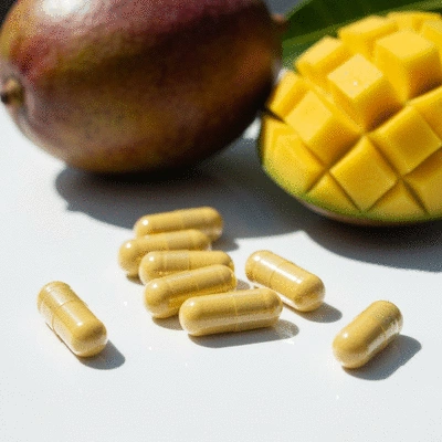 African mango capsules on a clean white surface with a fresh mango in the background, showing health and wellness