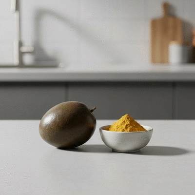 African mango fruit and powder on a minimalist kitchen counter