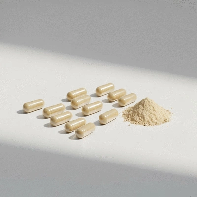 African mango supplement capsules and powder on a clean white surface, natural lighting, no text