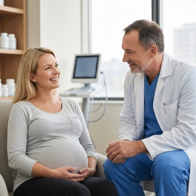 Pregnant woman talking to a healthcare provider in a clinic setting, discussing supplement options.