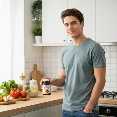 Person holding a bottle of African Mango supplement, focused on wellness