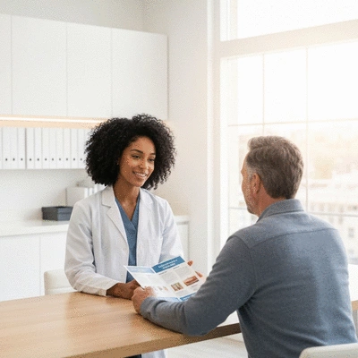 Doctor consulting with a patient about supplement use in a clean, modern clinic, no text, no words, no typography