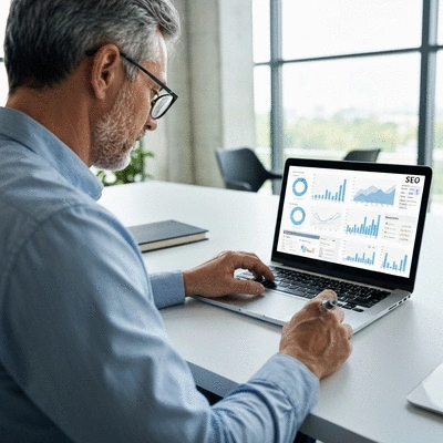 Person analyzing SEO data on a laptop, with charts and graphs on screen
