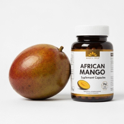 African mango fruit and supplement capsules on a clean white background