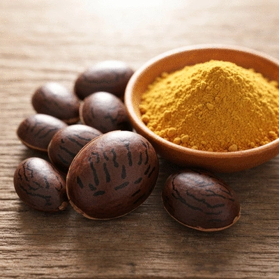 Close-up of African mango seeds and an extract powder in a bowl