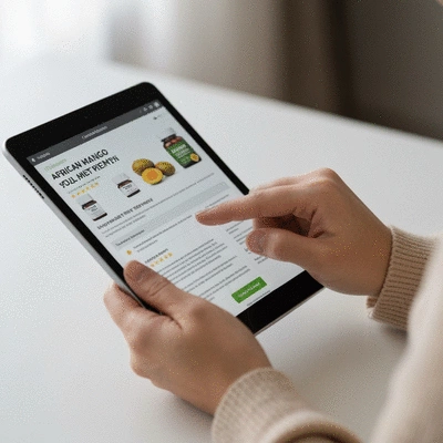 Someone reading product labels and customer reviews on a tablet, focusing on ingredient quality for African mango supplements