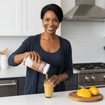 Person enjoying a healthy smoothie with African Mango ingredients in a modern kitchen