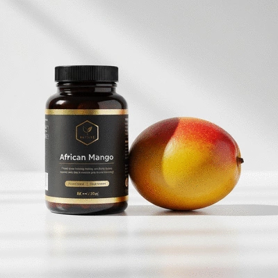 Supplement bottle with African mango extract and fresh African mango fruit