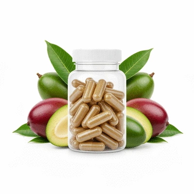 African mango supplement capsules in a clear bottle, with whole African mango fruits and leaves in the background