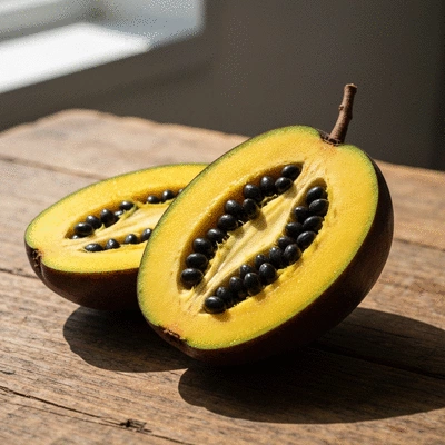 Close-up of African Mango fruit and seeds on a rustic wooden table