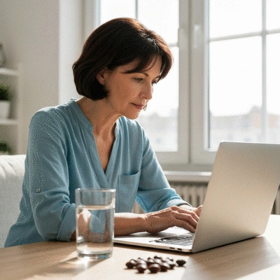 Person researching African mango supplements on a laptop, with a glass of water and a few African mango seeds nearby, emphasizing informed decision-making, no text, no words, no typography, clean image