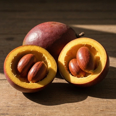 Close-up of African mango fruit and seeds on a rustic wooden table