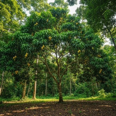 African mango tree with ripe fruits in a lush green rainforest
