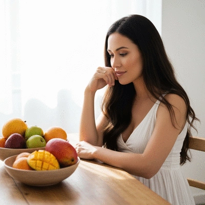Pregnant woman looking at a bowl of fresh fruit, including mangoes, with a thoughtful expression.