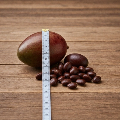 African mango fruit and seeds on a rustic wooden table with a measuring tape, illustrating weight management, no text, no words, no typography, clean image