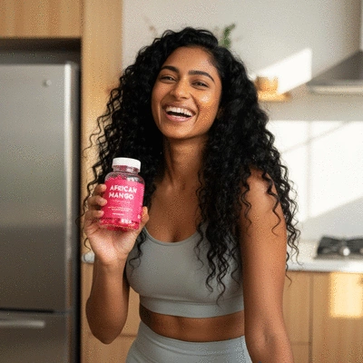 Woman holding a bottle of African mango gummies, smiling and looking healthy, with a blurry background of a kitchen or gym
