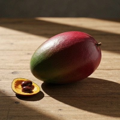 African mango fruit and seeds on a wooden table