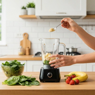 Person adding Dika Nut powder to a smoothie in a blender