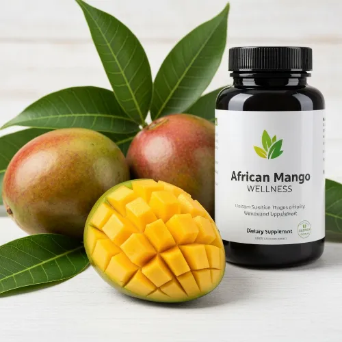 Fresh African Mango fruit with leaves and supplements, symbolizing natural wellness and weight management